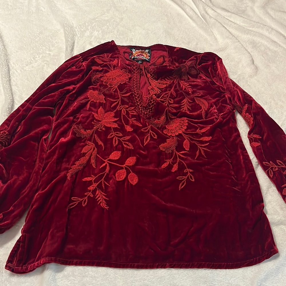 Johnny Was red burgundy velvet top embroidered